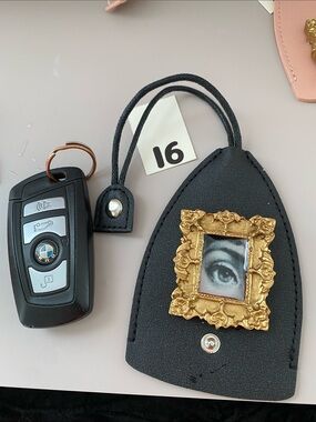 Black Leather Keychain Tag with Decorative Gold Frame Accent